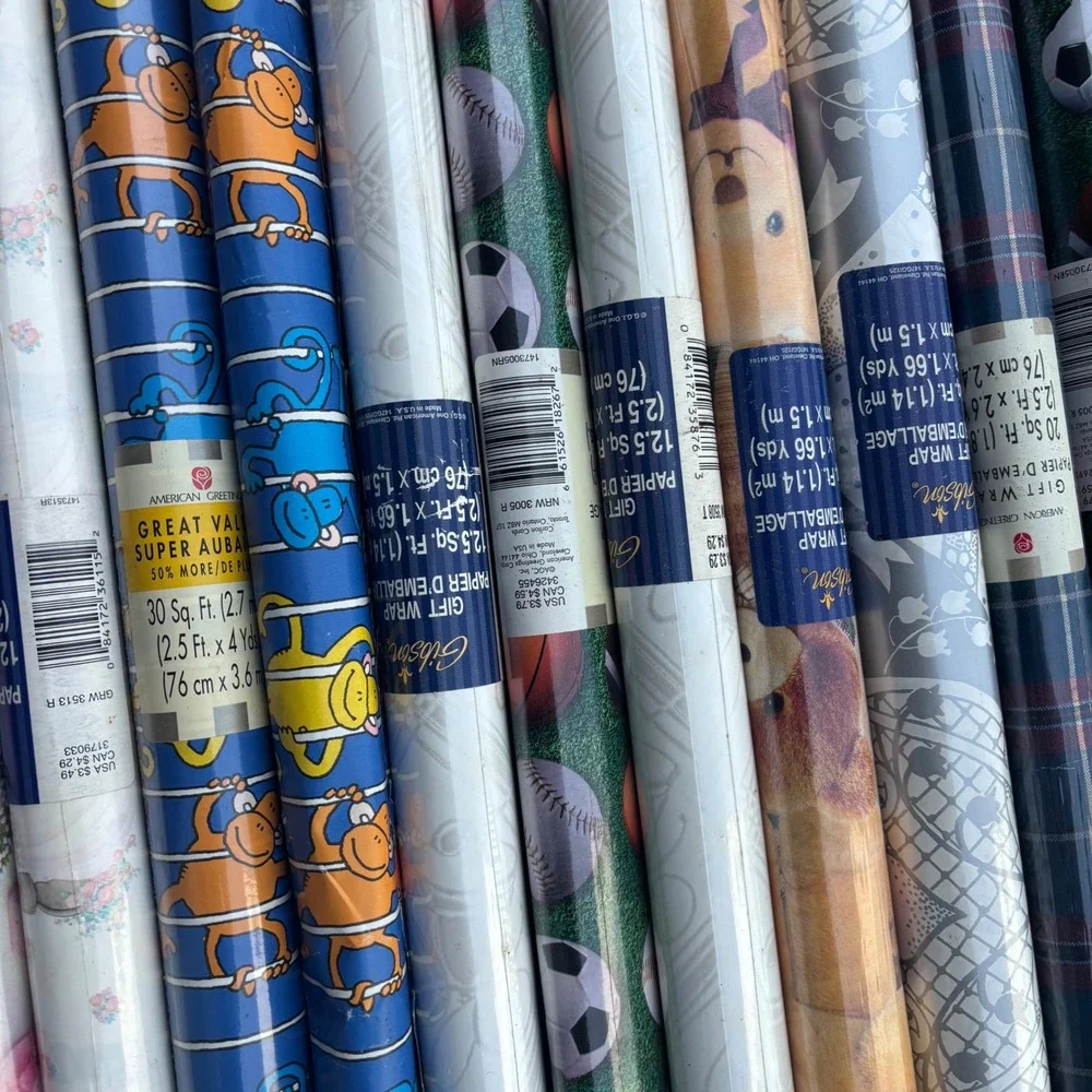 Lot 24 Rolls Gift Wrap Gibson American‎ Greetings VTG Deadstock Floral Sports